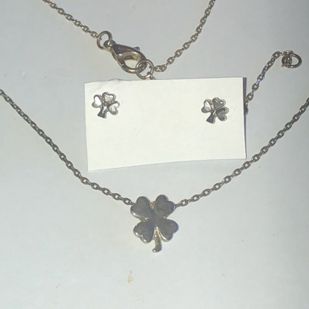 Silver Tone Boho Four Leaf Clover Shamrock Necklace Dainty Earrings Set